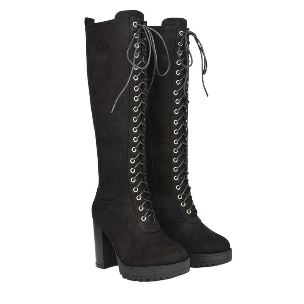 XY London Womens/Ladies Ruthie Suedette Platform Knee-High Boots / Jet Black